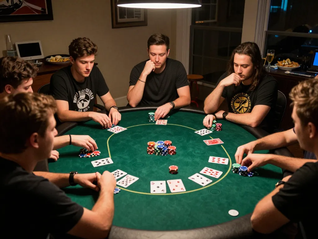 Players engaged in a poker game at home while considering hidden wiki tor strategies to improve their game.