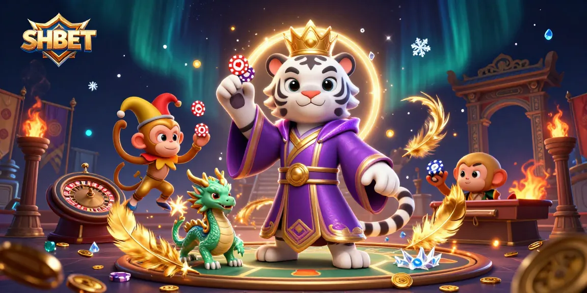 Experience thrilling entertainment with SHBET's dynamic scene featuring a majestic tiger, monkey, and jade dragon amid casino elements.