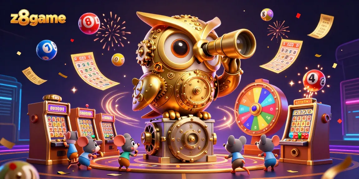 Experience z8game's vibrant casino atmosphere with a golden owl and whimsical patrons in action.