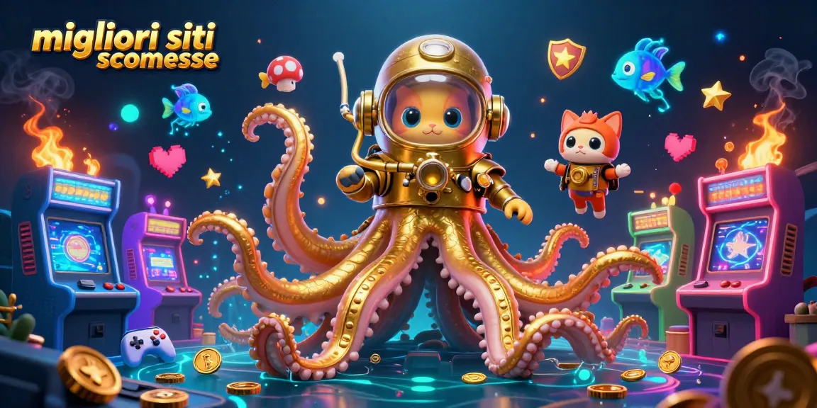 Migliori siti scommesse: illustrazione dinamica con un kraken e un gatto sommozzatore, elementi di casinò e giochi arcade presenti.