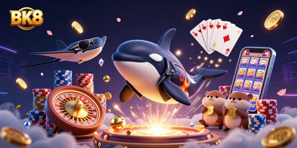Engage in thrilling gaming action at BK8 with vibrant characters and casino elements.