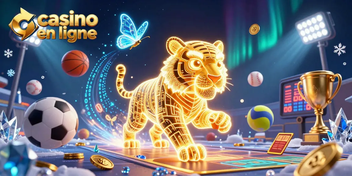 Appréciez l'expérience du casino en ligne avec un tigre doré et des ballons de sport dans un paysage numérique.