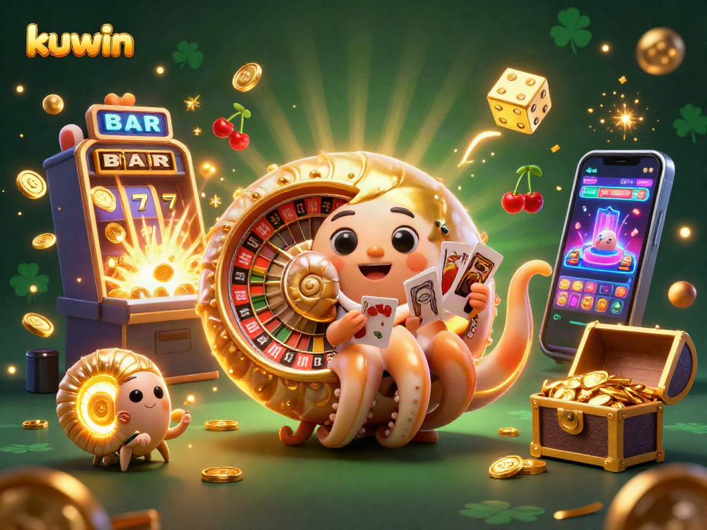 Kuwin casino experience with a giant nautilus roulette wheel and bursting slot machines.