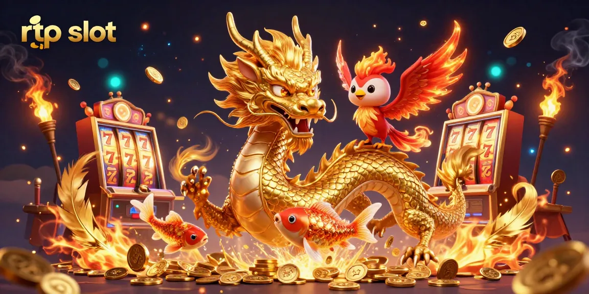 Win big with rtp slot featuring a golden dragon, phoenix, and koi fish in a vibrant casino scene.