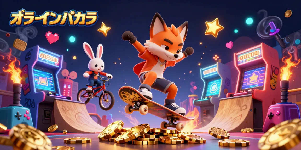 オンラインバカラでゴールドポーカーチップのランプを飛び越えるスケートボードフォックスのイラスト