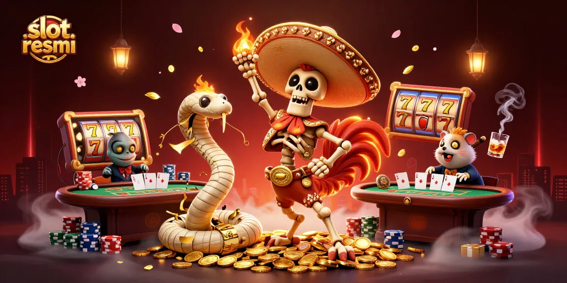 Permainan di slot resmi dengan karakter kartun, seperti ayam mariachi, ular mumi, dan hamster DJ yang meriah.