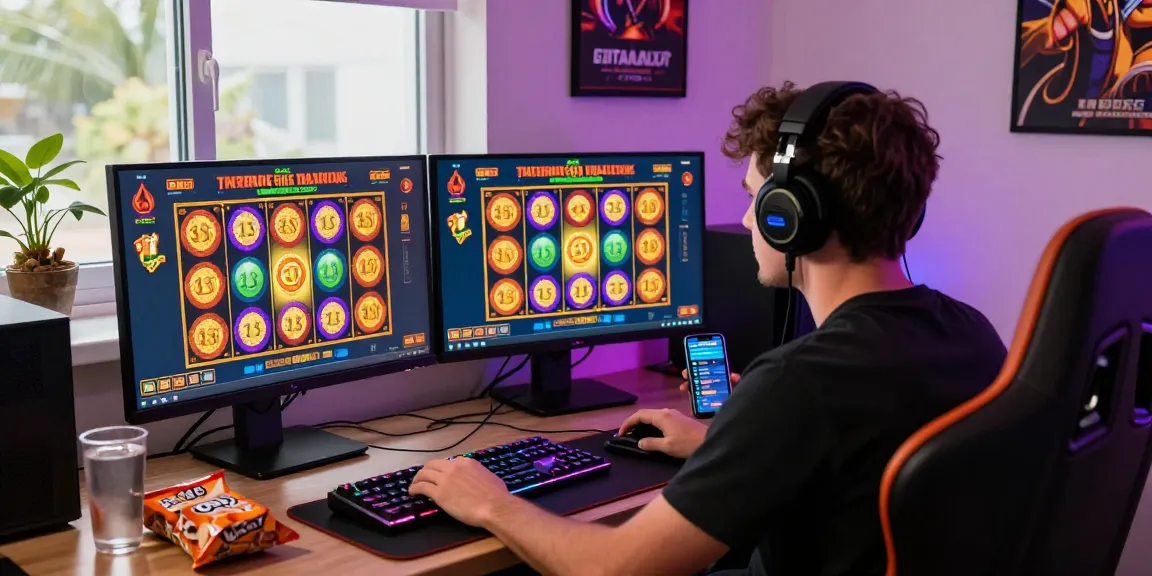 Engaged player spinning online slot games on dual monitors in a vibrant gaming setup.