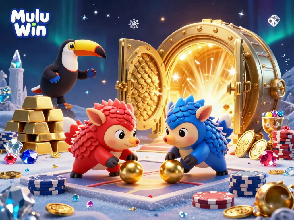 Mulu Win pangolins competing in a colorful casino scene with treasures, sparks, and festive elements.