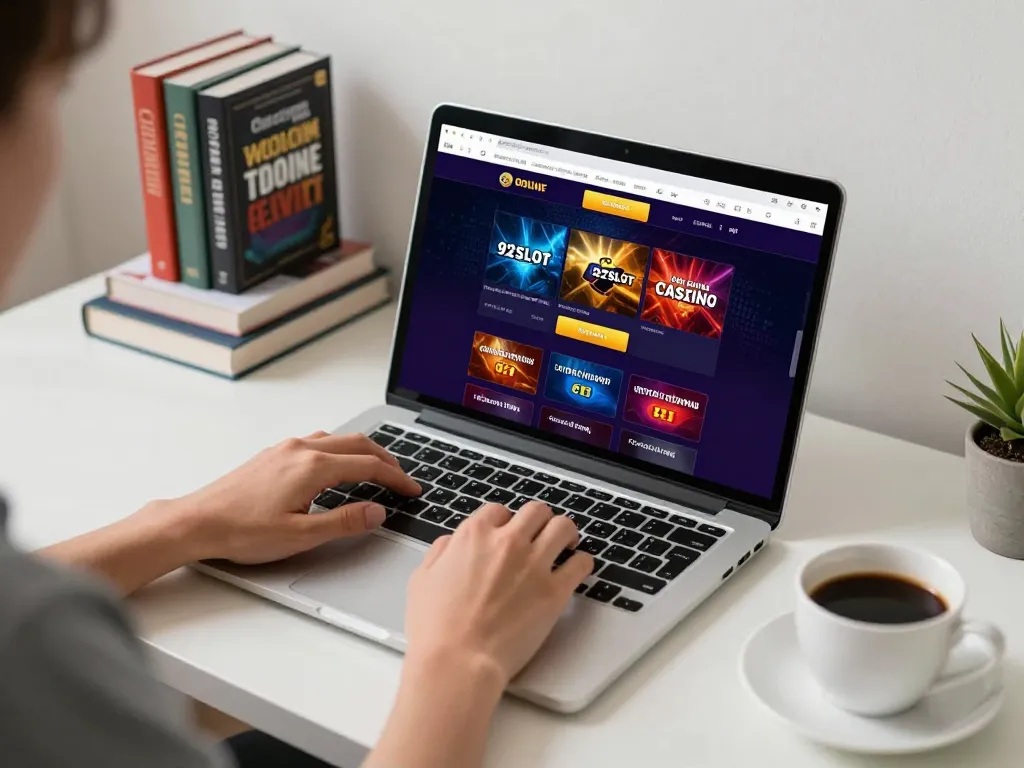 Engaging gameplay session at 92slot online casino, highlighting laptop interface and gaming strategy.
