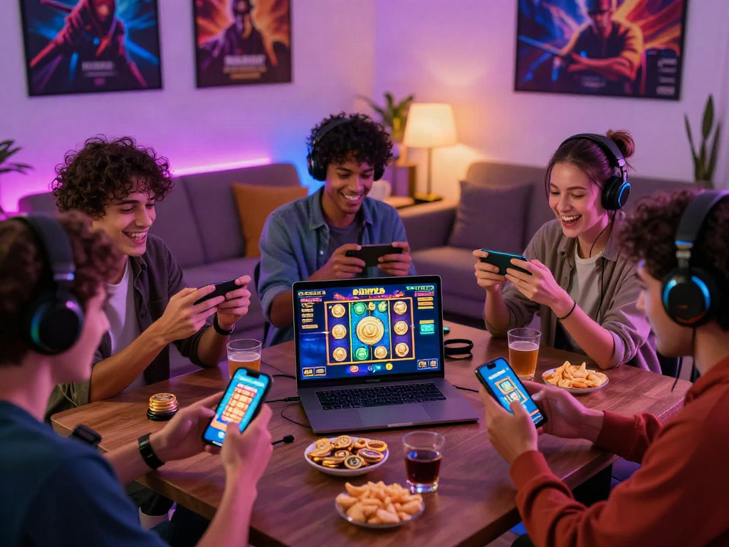 Friends playing luxury12 slots together, vibrant gaming atmosphere with snacks and excitement.
