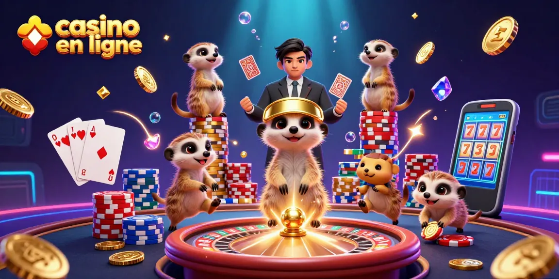 Des meerkats exploitant un casino en ligne, entourés de richesses scintillantes et de jeux brillants.