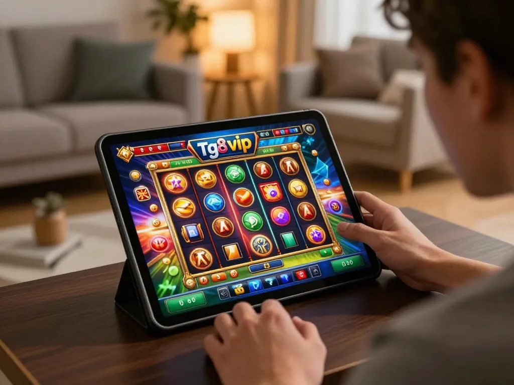 Engage in tg88 vip online gaming with a user enjoying a vibrant slot machine experience on tablet