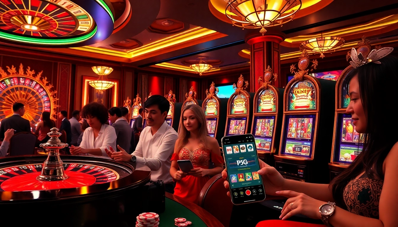 Experience pg soft gaming excitement amidst luxurious slot machines and roulette tables.