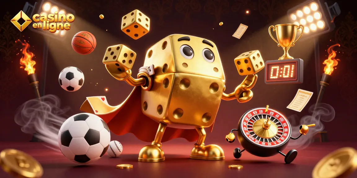 Jouer à casino en ligne avec des dés dorés et des ballons de sport dynamiques.