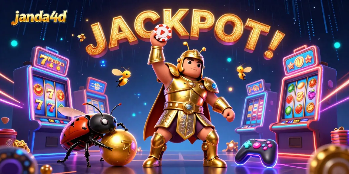 janda4d menampilkan kemenangan kasino dengan simbol buah dan jackpot di slot 3D yang cerah