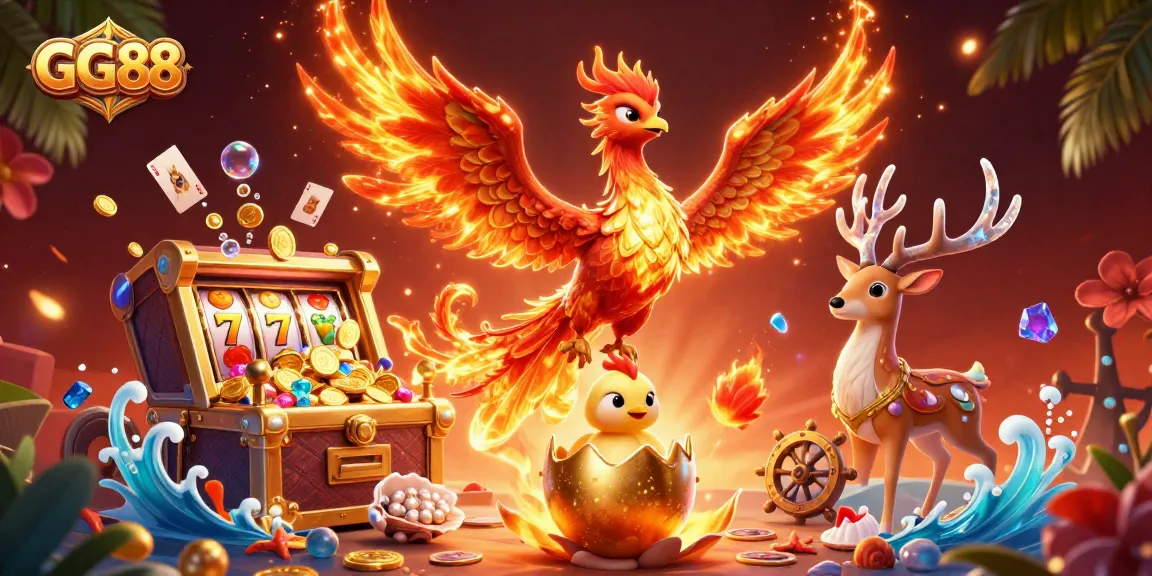 Win big with GG88 in an exhilarating game scene featuring a phoenix and slot elements.