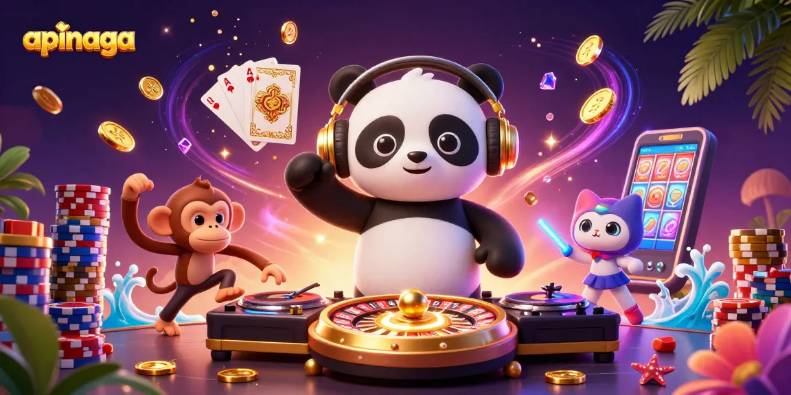 Experience the excitement of apinaga gaming with a vibrant 3D casino scene featuring lively characters.