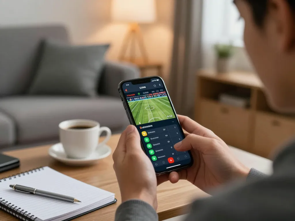 Engaged user exploring 388bet sports betting options on smartphone in a stylish living room.