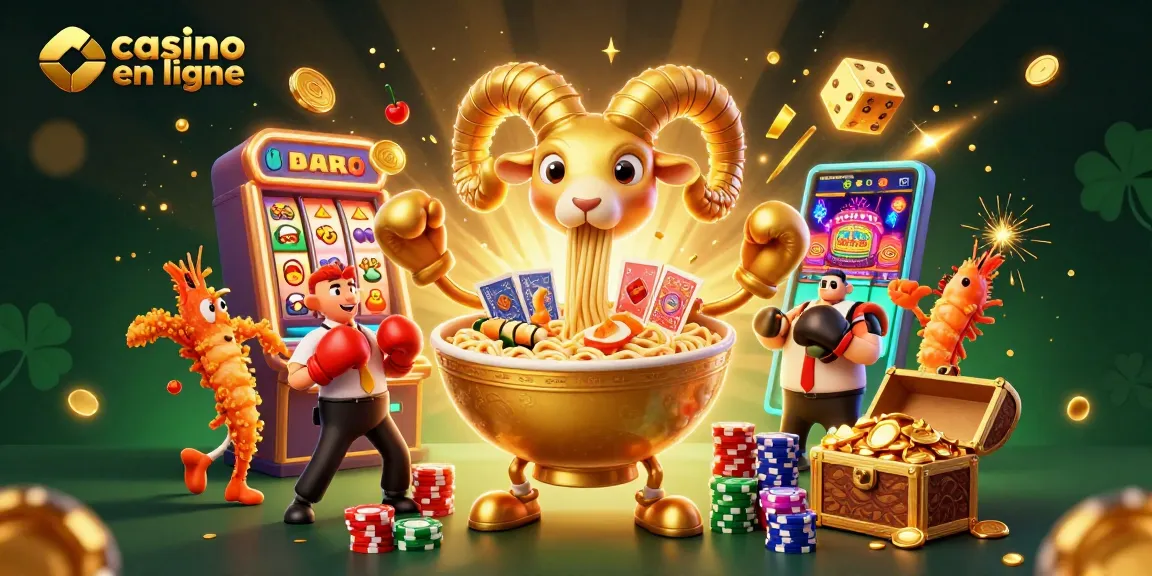 Casino en ligne avec un bol de ramen géant et des personnages amusants jouant à des jeux.