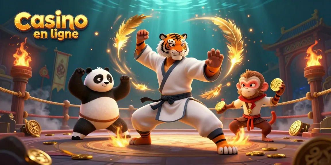 Illustration dynamique casino en ligne avec des personnages de kung fu et des éléments de jeu
