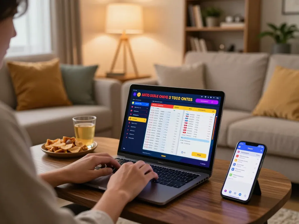 Permainan toto togel di laptop dalam suasana kamar tamu yang nyaman, menekankan taruhan strategis.