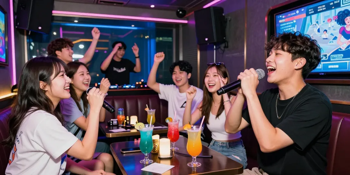 Exciting 제주유흥 nightlife with friends singing karaoke at a lively bar, vibrant neon lights illuminating their fun.
