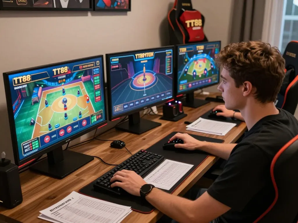 Engaging scene of a player immersed in TT88 trang chủ online gambling action, showcasing diverse gameplay.