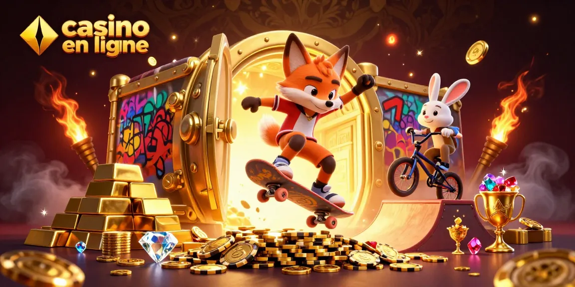 Illustration d'une scène de casino en ligne avec un renard sur skateboard et un lapin BMX, entourés de richesses.