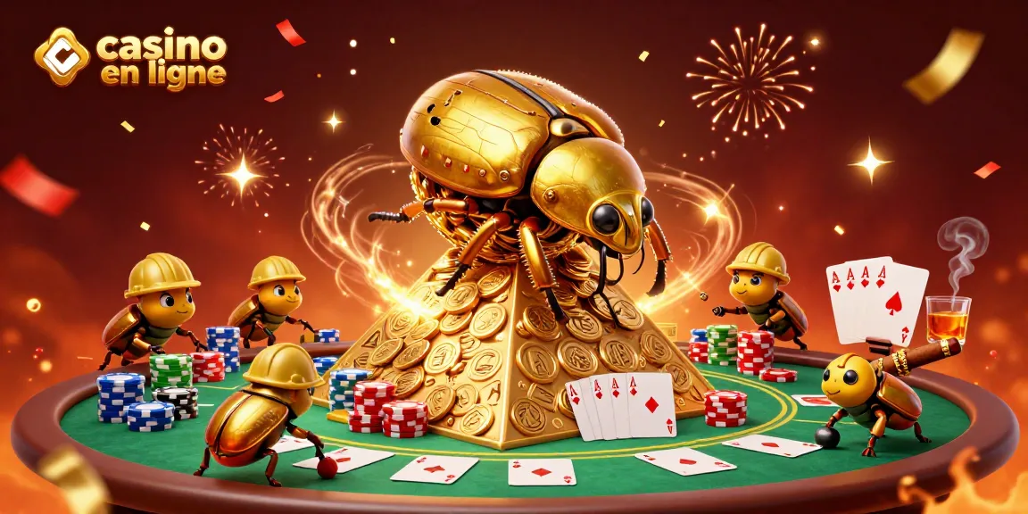 Casino en ligne : illustration dynamique d'un scarabée d'or et des éléments de poker