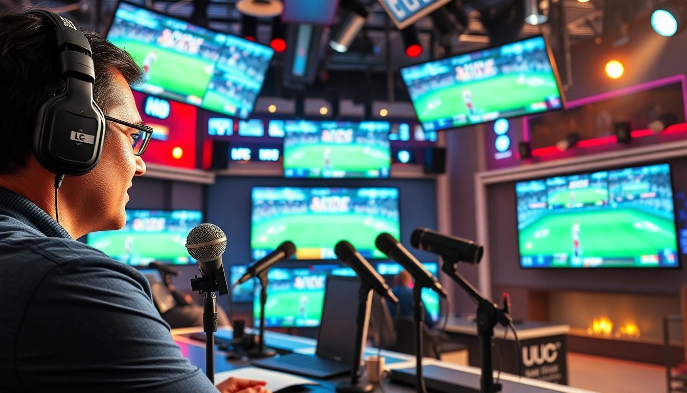 Engaging sports broadcasting scene featuring a professional anchor amidst vibrant studio graphics.