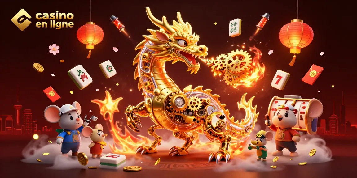 Profitez des jeux au casino en ligne avec un dragon doré et des éléments festifs.