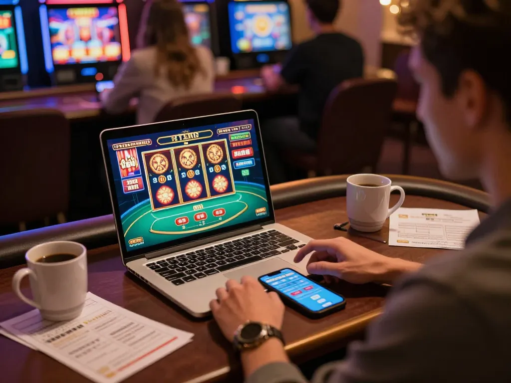 Berpartisipasi dalam permainan kasino online sambil menjelajahi opsi link slot di laptop di rumah.