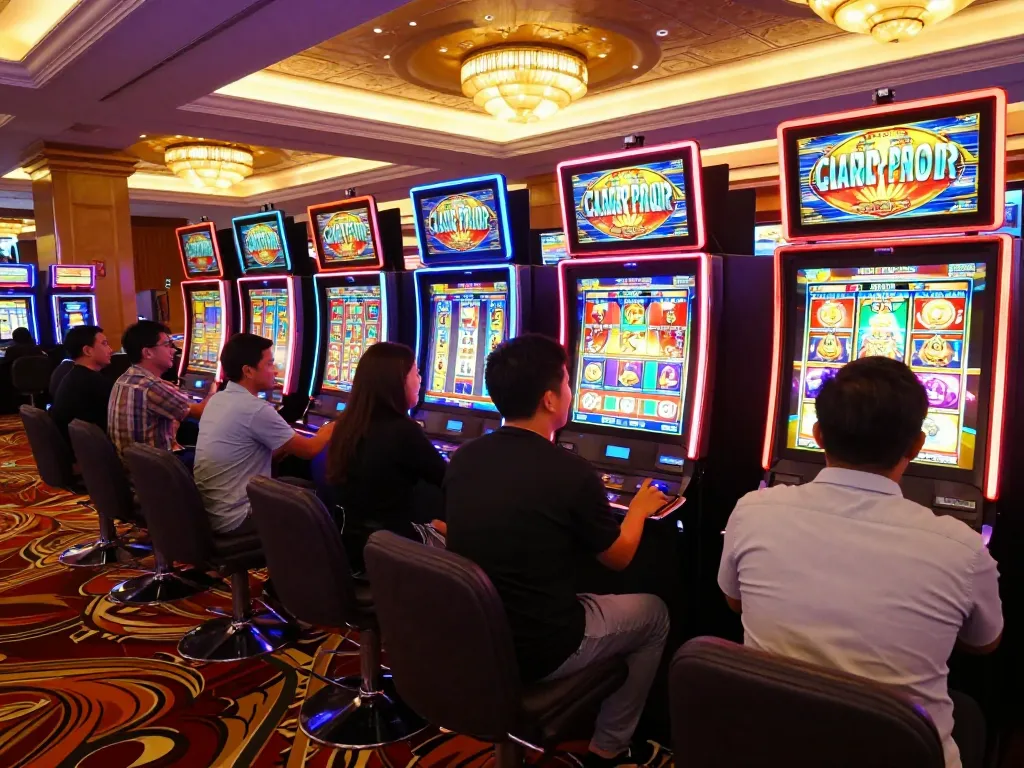 Experience the excitement of slot gacor pagi ini as players win big at colorful slot machines in a lively casino.