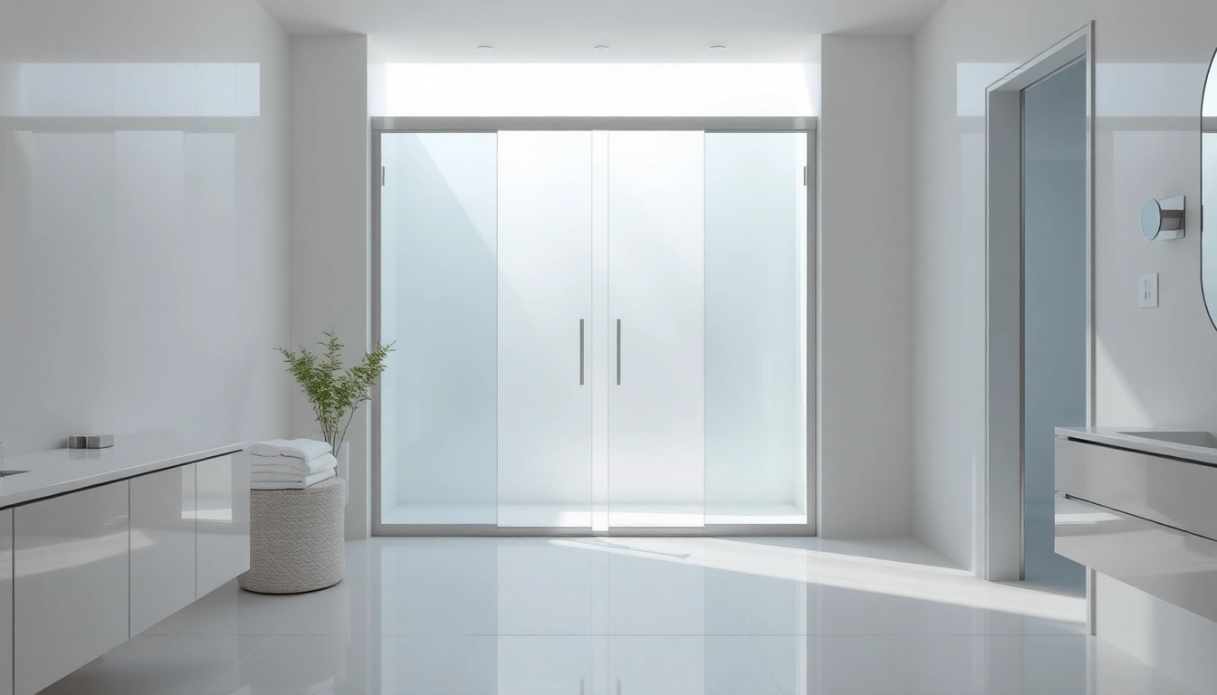 Stunning shower sliding doors enhancing a serene bathroom, showcasing elegant design and aesthetics.