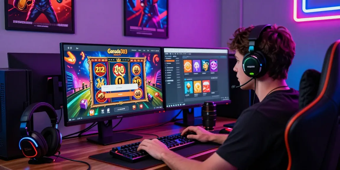 User engaged in the garuda303 login process at a vibrant gaming setup, showcasing slot games on screen with colorful graphics.