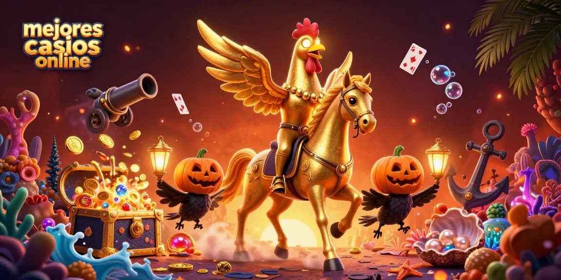 Visualiza los mejores casinos online con la ilustración de un gallo dorado en un casino vibrante.