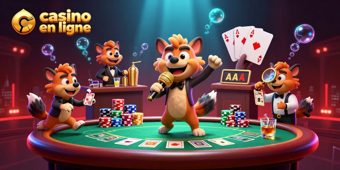 Animation des hyènes dans un casino en ligne comique avec jeux de cartes et ambiance festive.