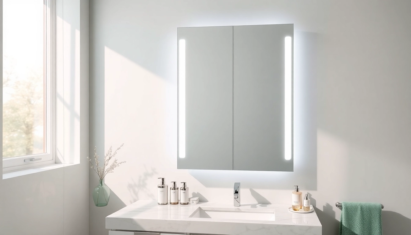 Entdecken Sie den spiegelschrank mit led Beleuchtung in einem modernen Badezimmer-Setting mit eleganten Designelementen