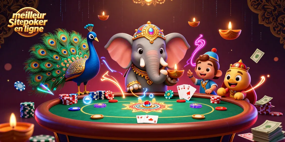 Jouez sur le meilleur site de poker en ligne avec une table de poker dynamique entourée d'un éléphant et d'un paon.
