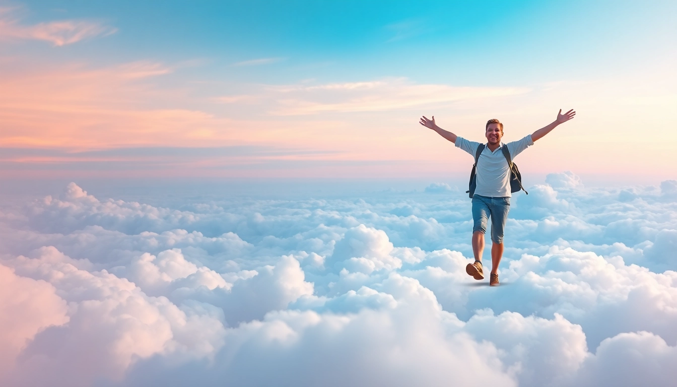 Person walking on clouds, embodying freedom and serenity in a vibrant sky, capturing the essence of Walking on Clouds.