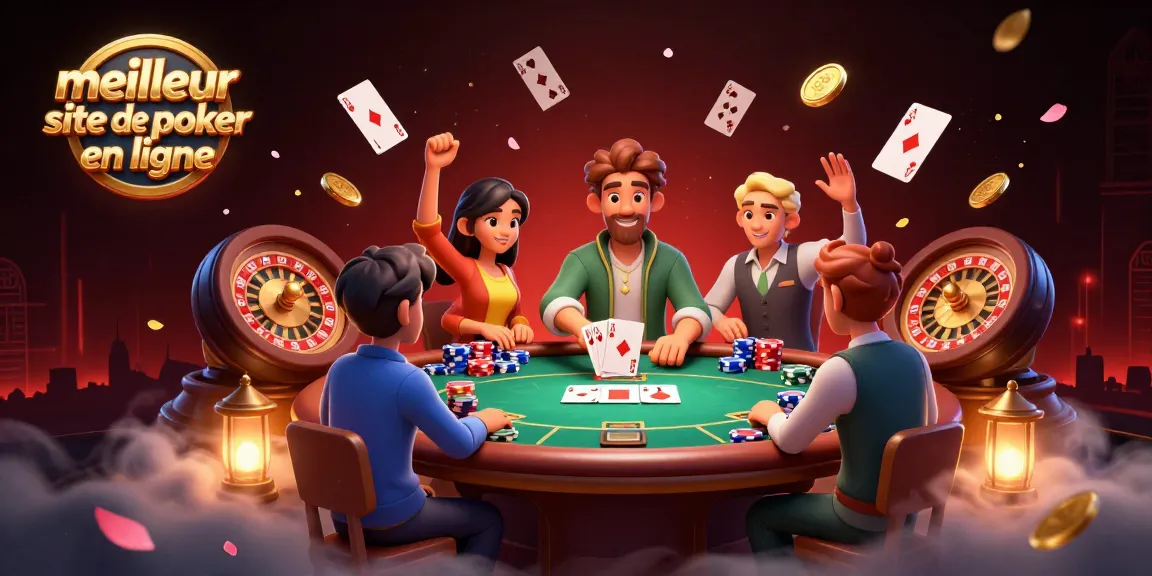 Joue et remporte des gains sur le meilleur site de poker en ligne, entouré de joueurs et éléments de jeu dynamiques.