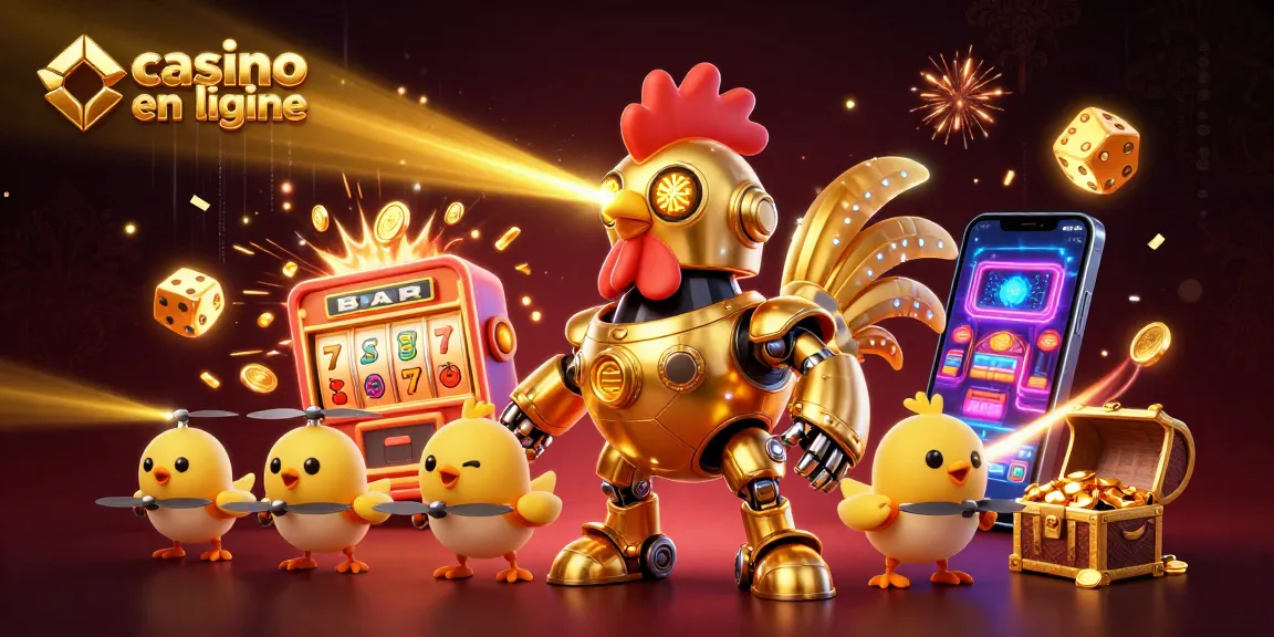 Jouez à des jeux de casino en ligne avec un robot coq doré et des drones en arrière-plan.