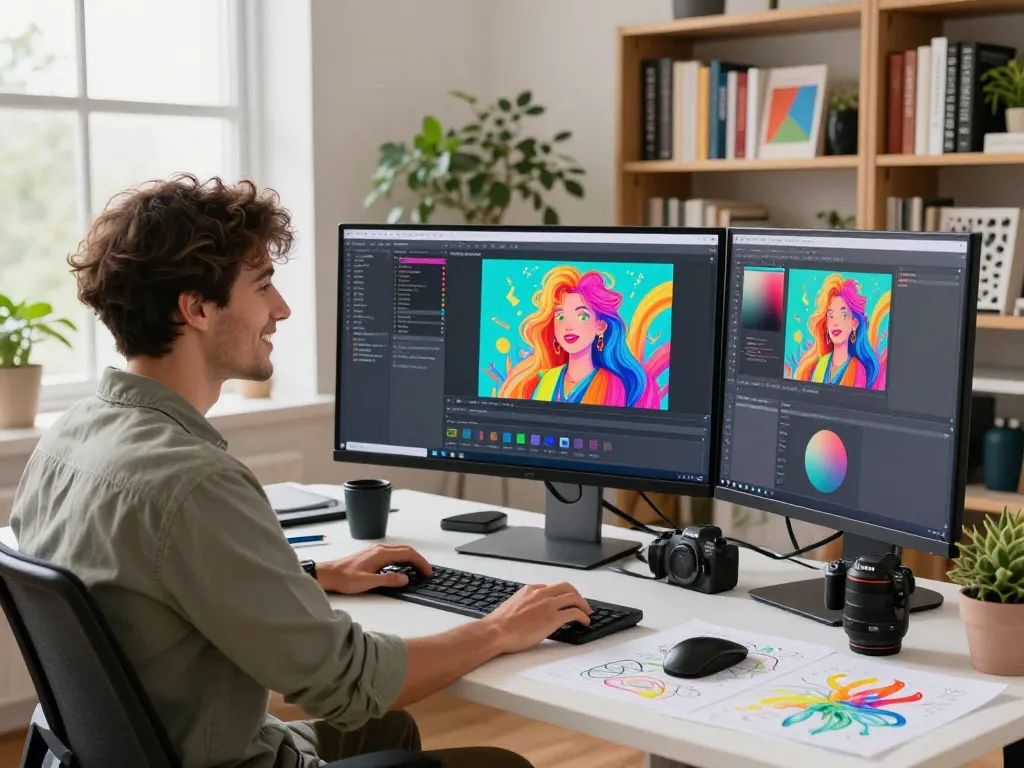 Artist using nano banana pro in a vibrant digital workspace, showcasing AI-generated images and creative tools.