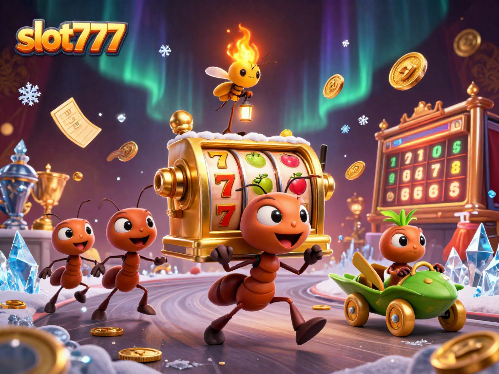 Experience the excitement of slot777 with a fun illustration of ants heisting a giant slot machine.