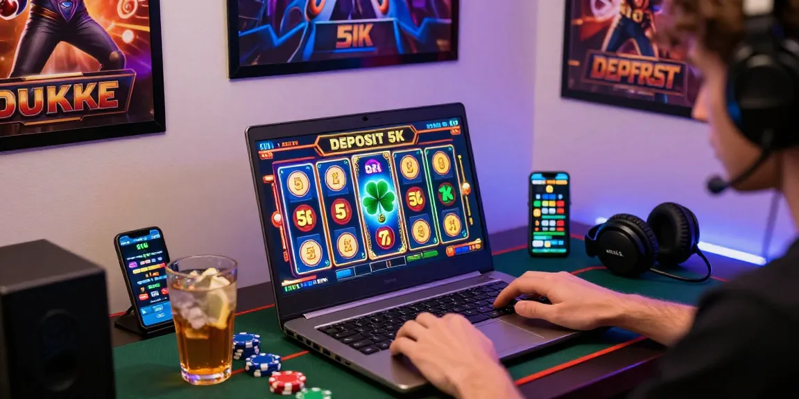 Exciting online gaming scene showcasing a player engaged in a slot deposit 5k game, surrounded by colorful graphics and gaming accessories.