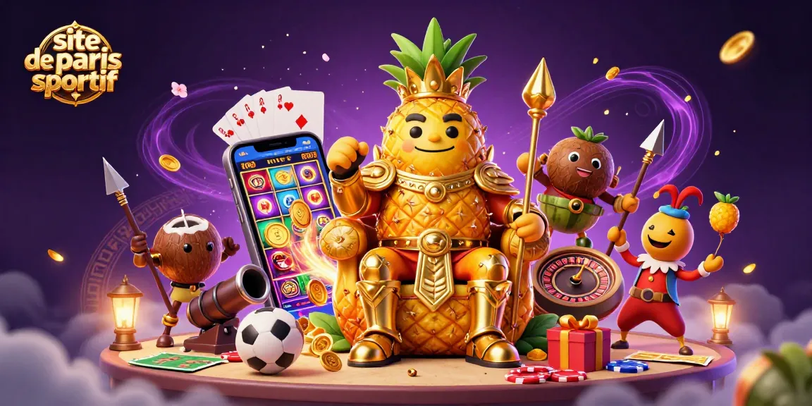 Illustration vivante du site de paris sportif avec un roi ananas et des éléments de jeux.