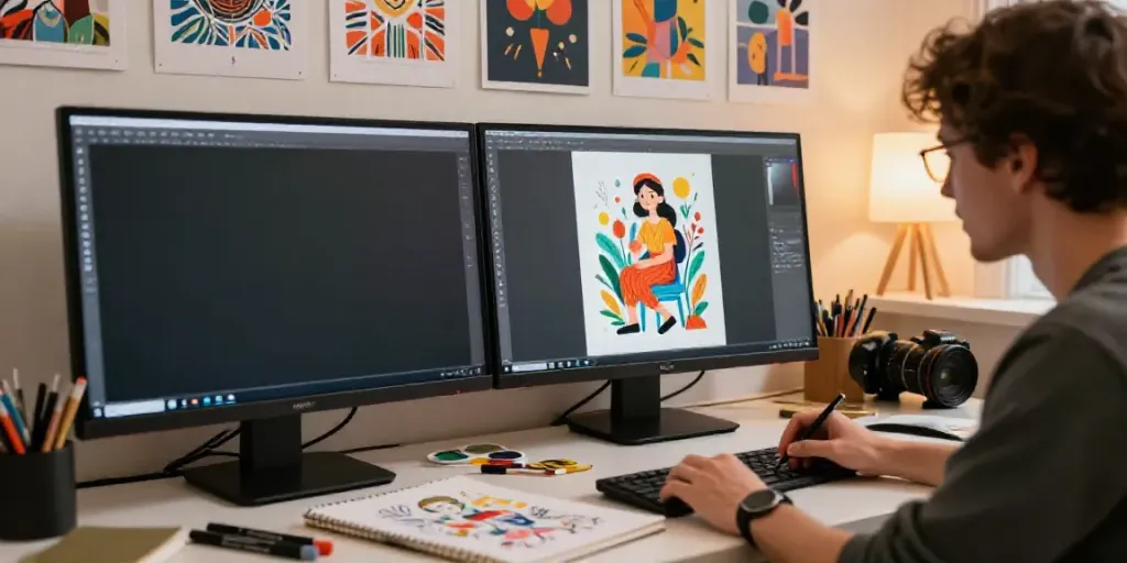 Artist designing vibrant illustrations using an affordable AI illustration generator.
