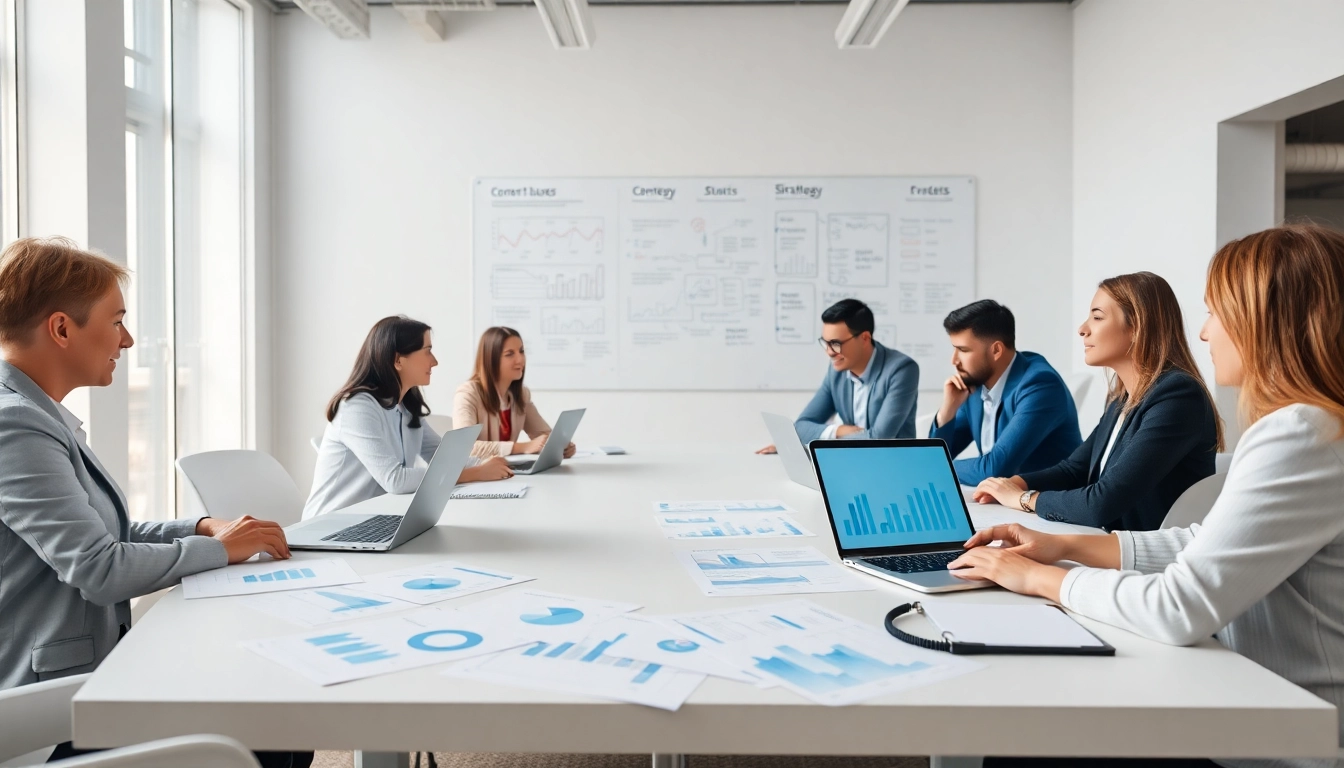 Collaborators performing a Content Gap Analysis in a modern office setting with strategic notes.