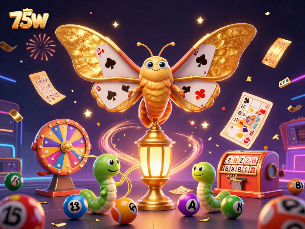 Aposte no 75W com uma cena vibrante de loteria e itens de cassino, destacando elementos de jogos e celebração.
