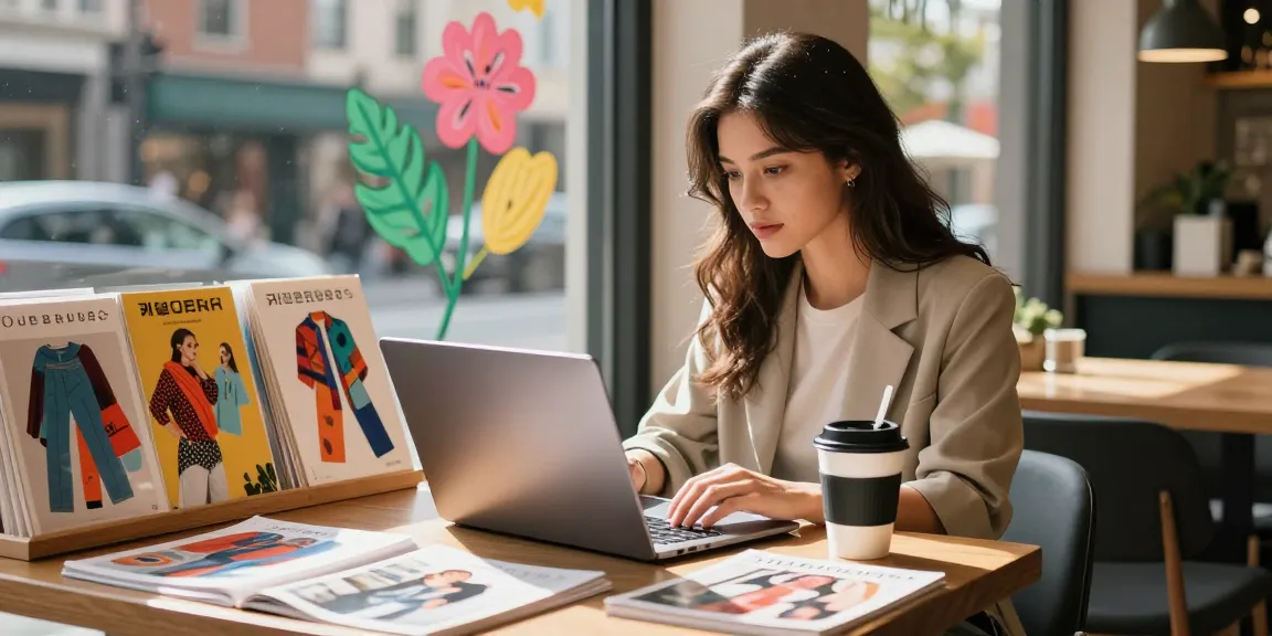 Chic woman exploring 레플리카 fashion styles in vibrant coffee shop atmosphere.